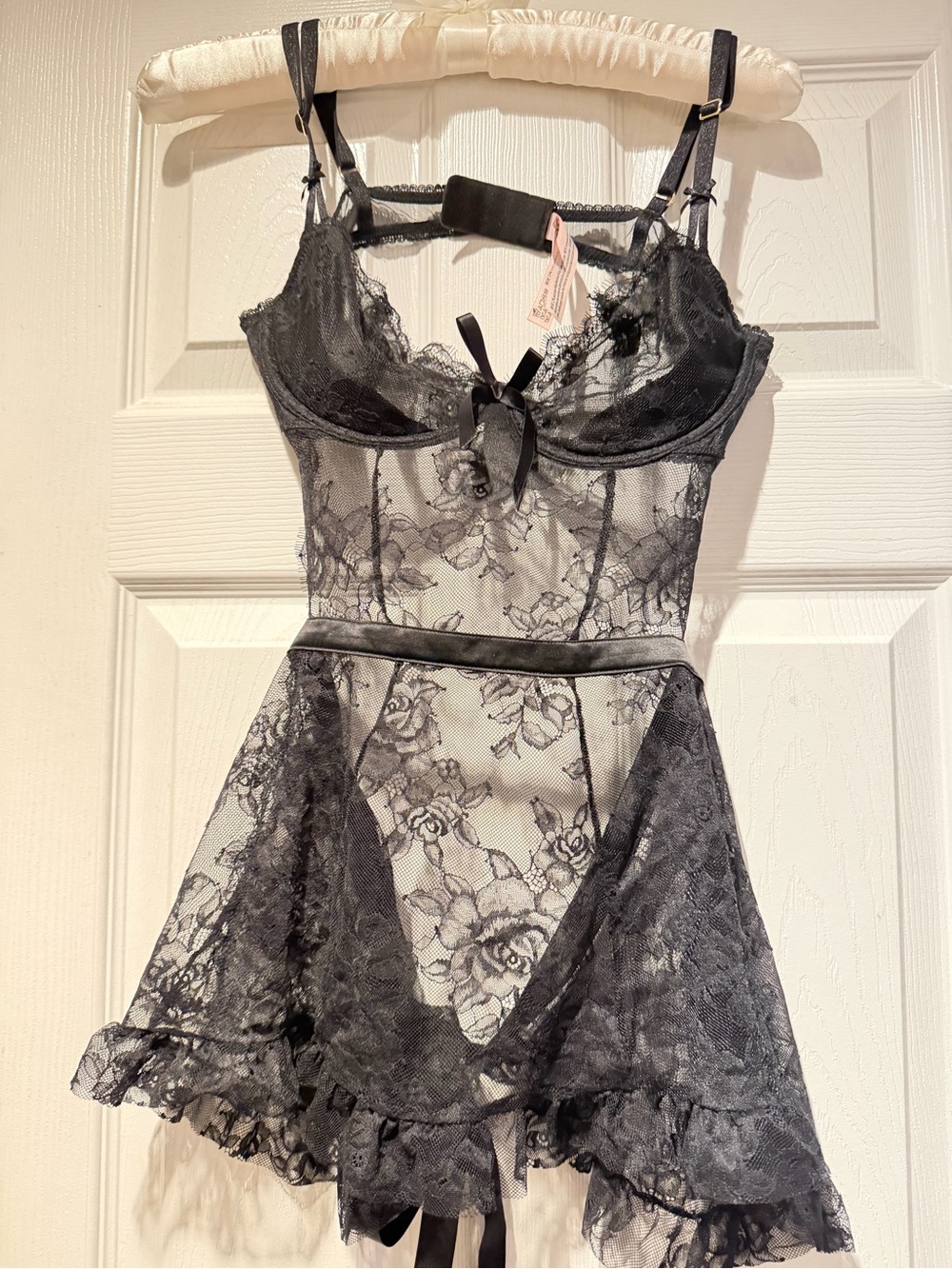 Victoria's Secret Black Sheer Lace Chemise with Floral Motif